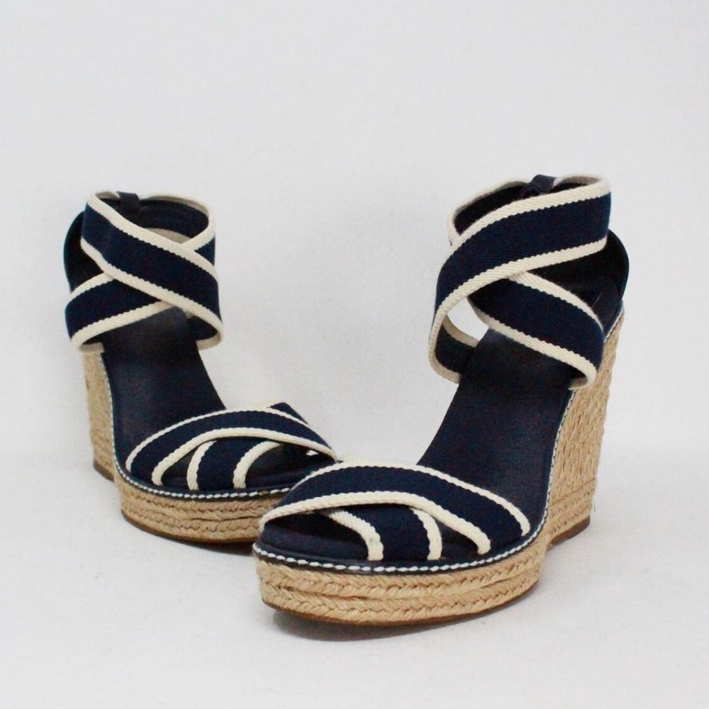 New in Box Tory Burch Navy Blue & Cream Contrast Elastic Espadrille Wedges